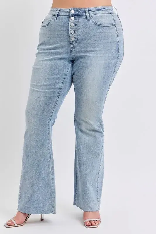 Judy Blue Full Size Midi Rise Rhinestone Side Panel Detail Flare Jeans Plus Size