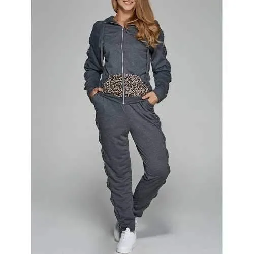 Leopard Print Zipper Design Sports Suit - Gray S