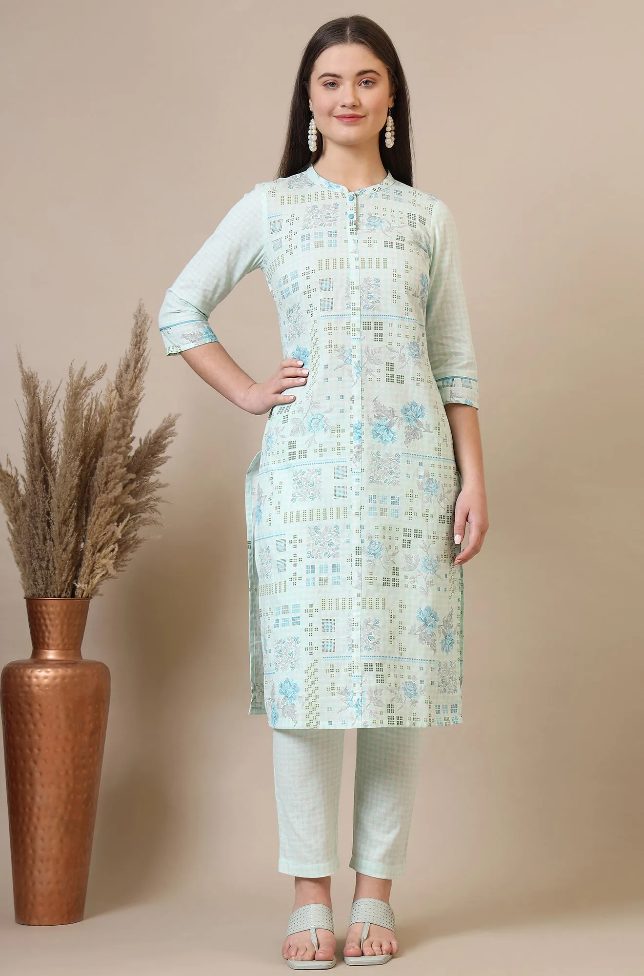 Light Blue Geometric Printed Cotton Blend Straight Kurta and Pants Co-ord Set