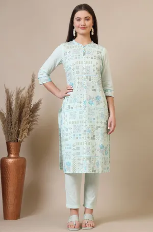 Light Blue Geometric Printed Cotton Blend Straight Kurta and Pants Co-ord Set
