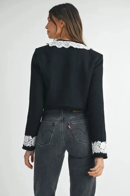 MABLE Lace Trim Collar Tweed Crop Jacket