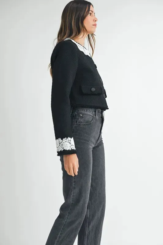 MABLE Lace Trim Collar Tweed Crop Jacket