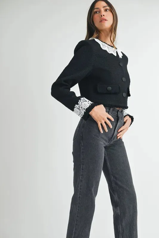 MABLE Lace Trim Collar Tweed Crop Jacket