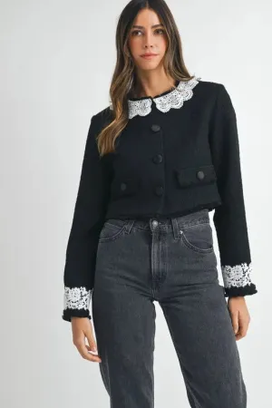 MABLE Lace Trim Collar Tweed Crop Jacket