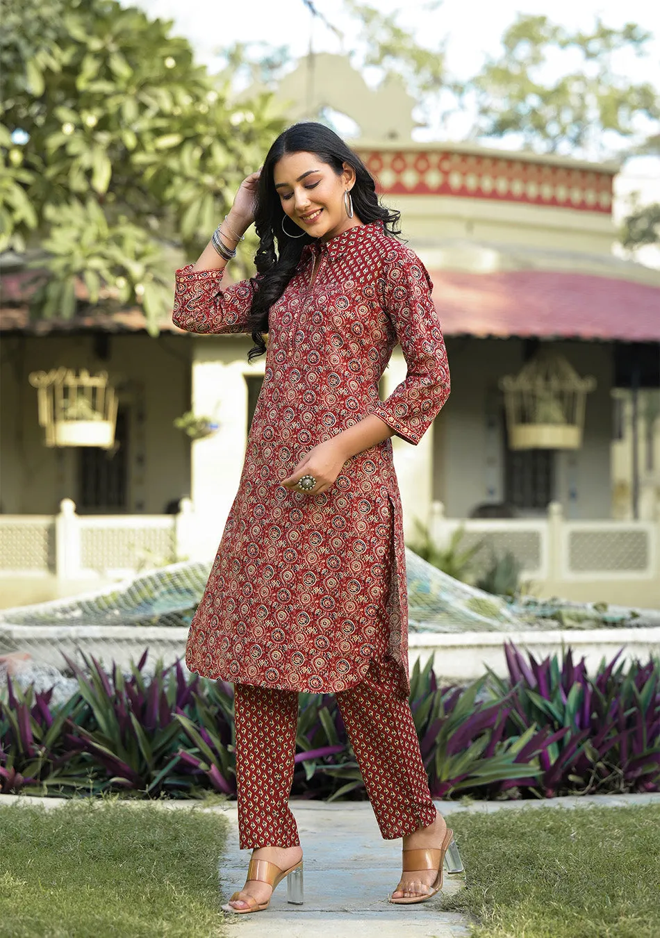 Maroon Printed Shirt Style Co-ord Set