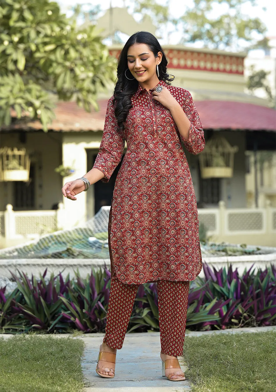 Maroon Printed Shirt Style Co-ord Set