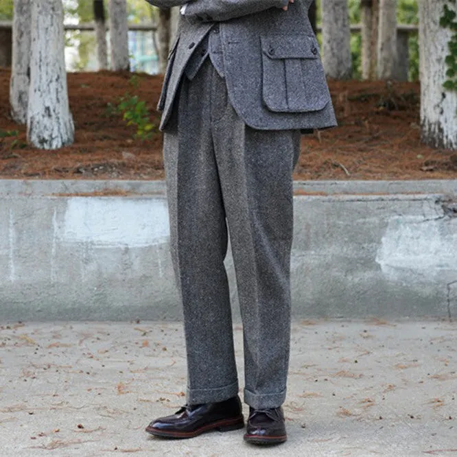 Men's Grey Speckled Tweed Pleated Pants