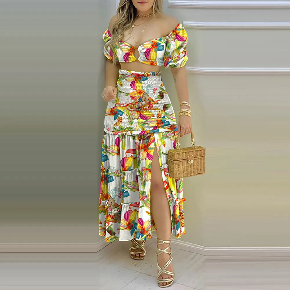 MOMENTLOVER New autumn suit 2025 trendy women's clothing new INS sexy top printed split skirt suit