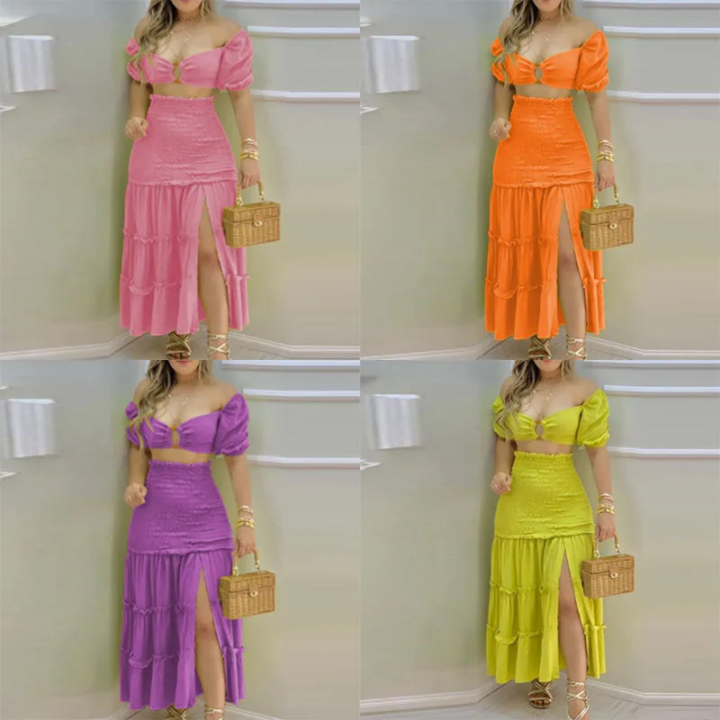 MOMENTLOVER New autumn suit 2025 trendy women's clothing new INS sexy top printed split skirt suit