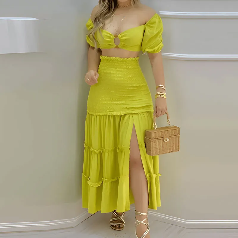 MOMENTLOVER New autumn suit 2025 trendy women's clothing new INS sexy top printed split skirt suit