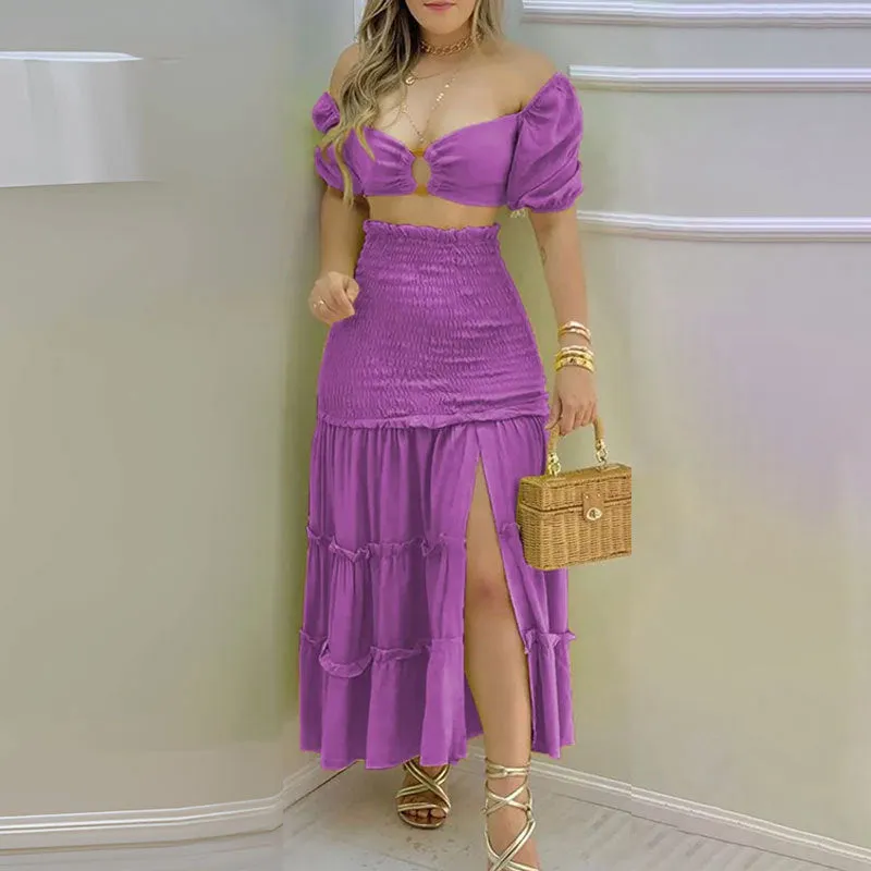 MOMENTLOVER New autumn suit 2025 trendy women's clothing new INS sexy top printed split skirt suit