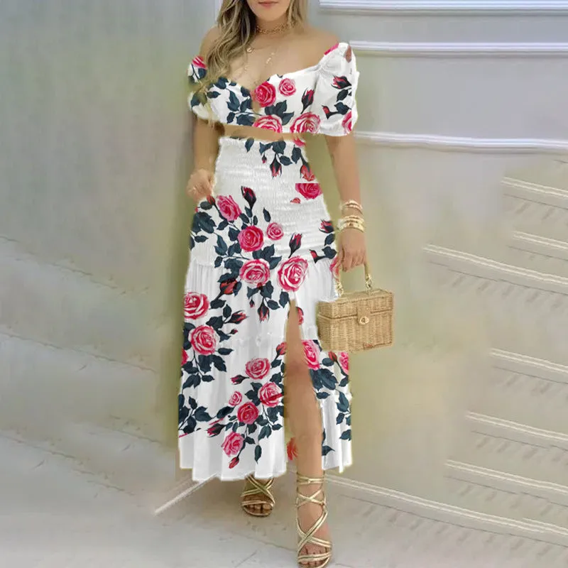 MOMENTLOVER New autumn suit 2025 trendy women's clothing new INS sexy top printed split skirt suit