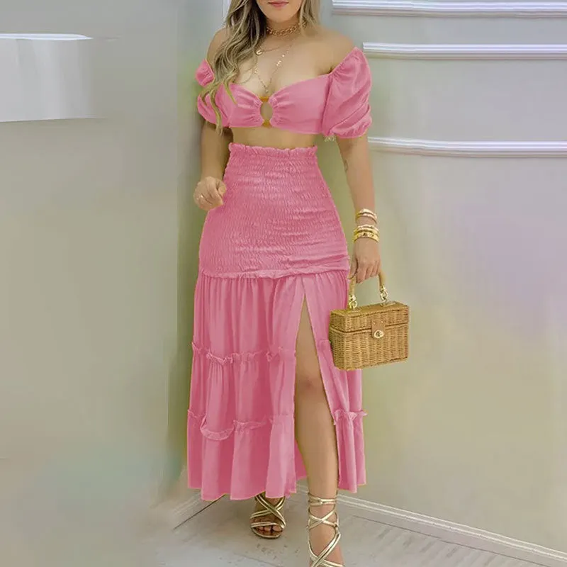 MOMENTLOVER New autumn suit 2025 trendy women's clothing new INS sexy top printed split skirt suit