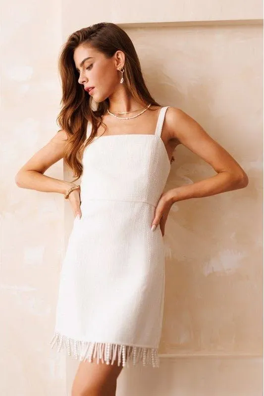 Pearl Fringe Ivory Tweed Mini Dress