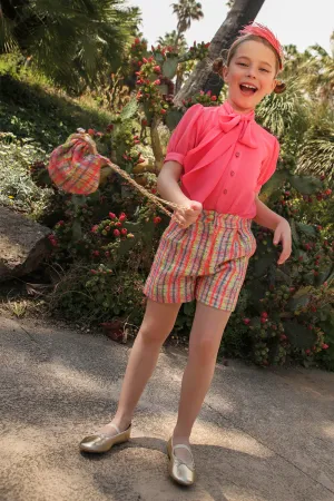 Pink, blue, green neon tweed cotton blend shorts