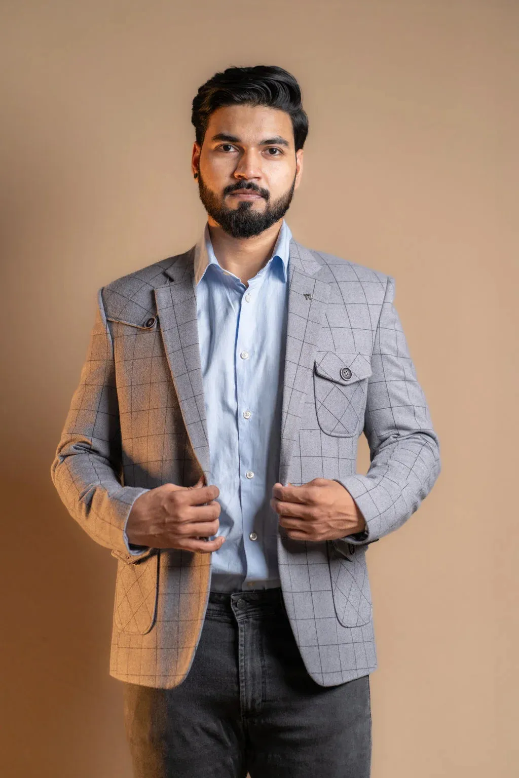 Plain Grey with Checkered Pattern Blazer