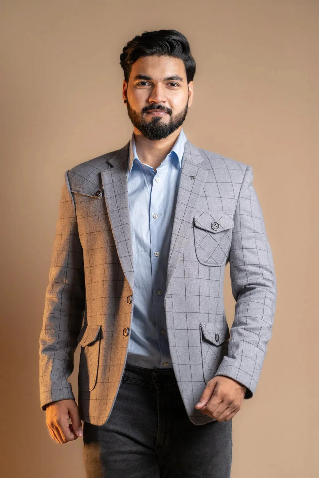 Plain Grey with Checkered Pattern Blazer
