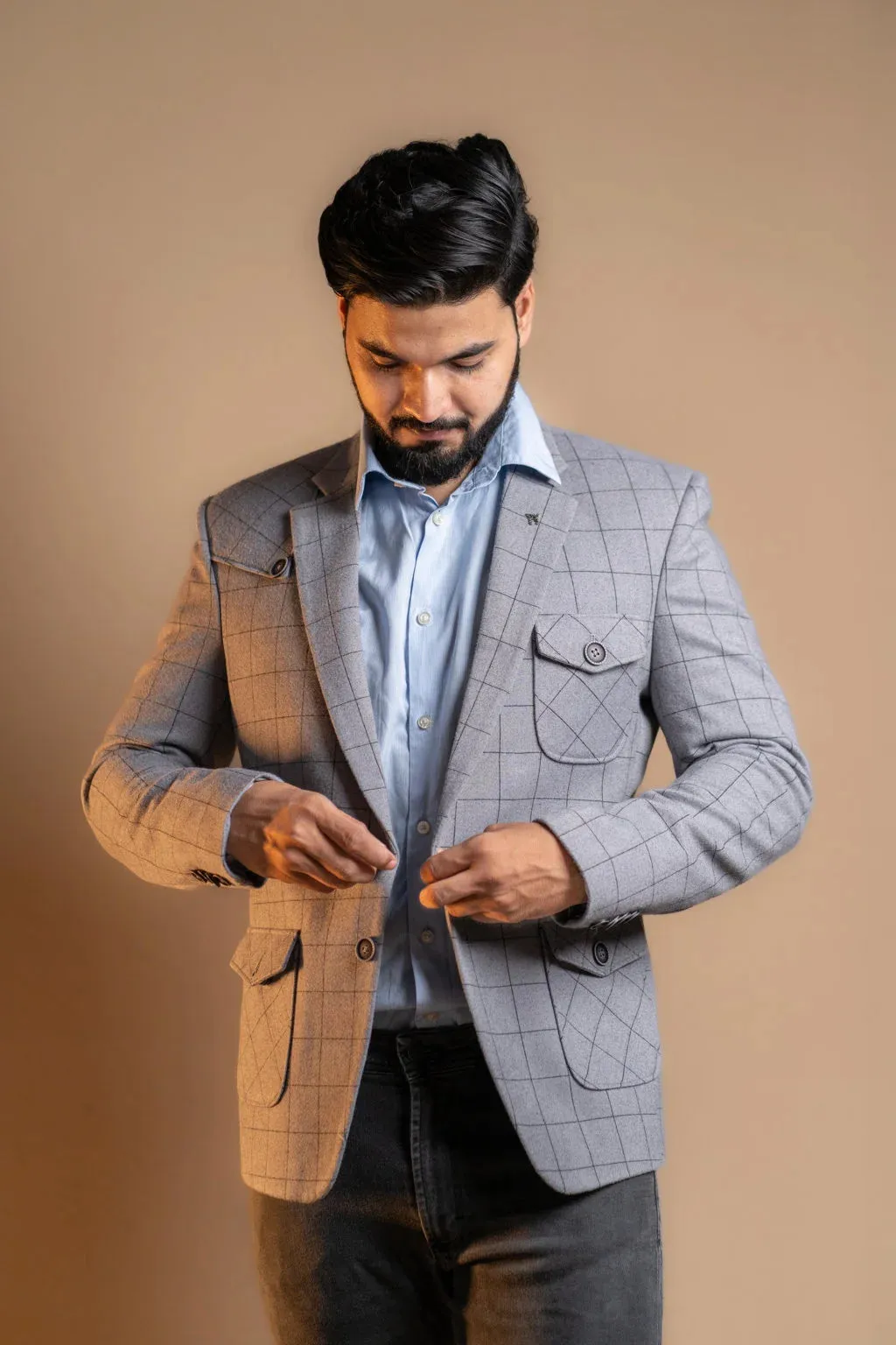 Plain Grey with Checkered Pattern Blazer