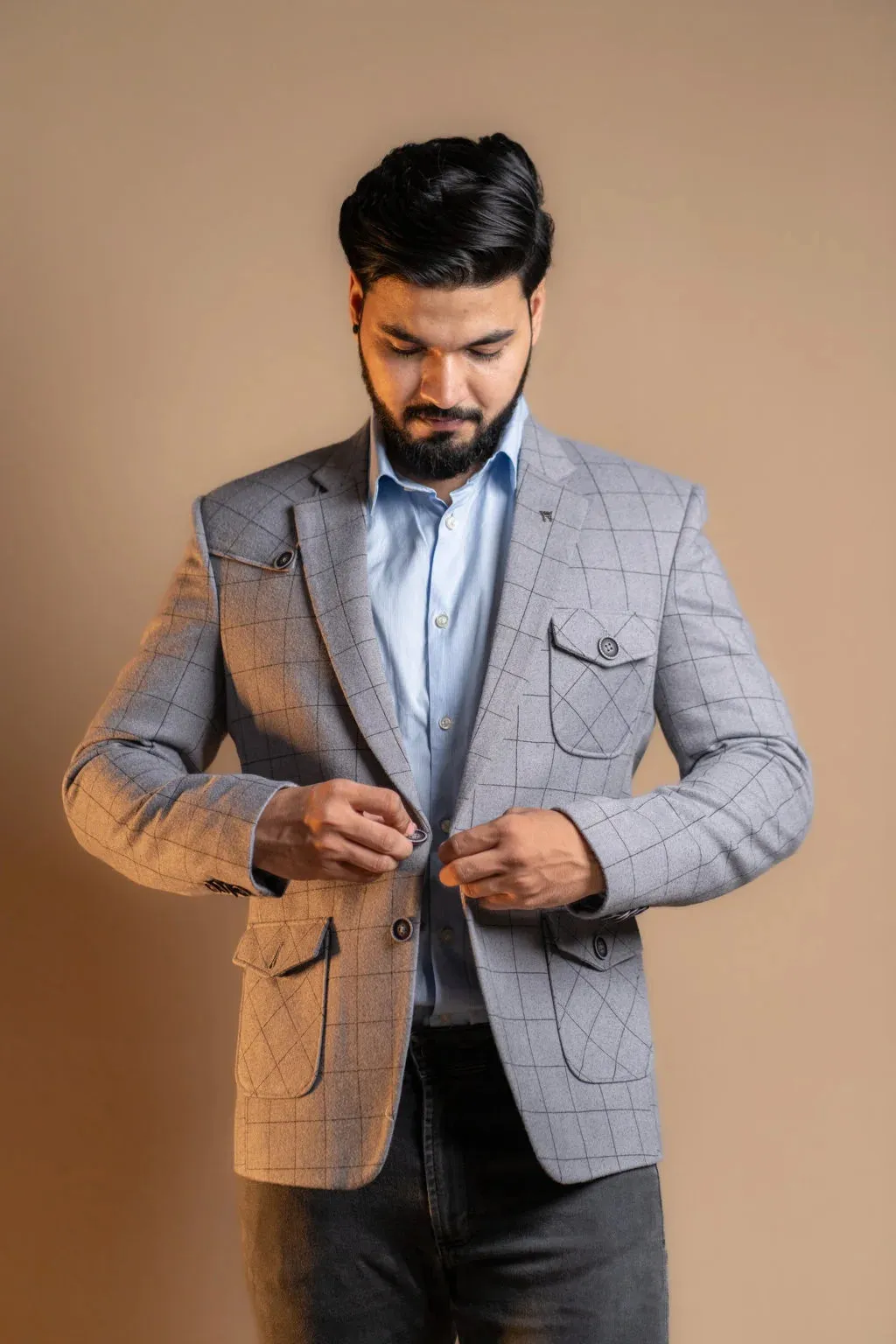 Plain Grey with Checkered Pattern Blazer