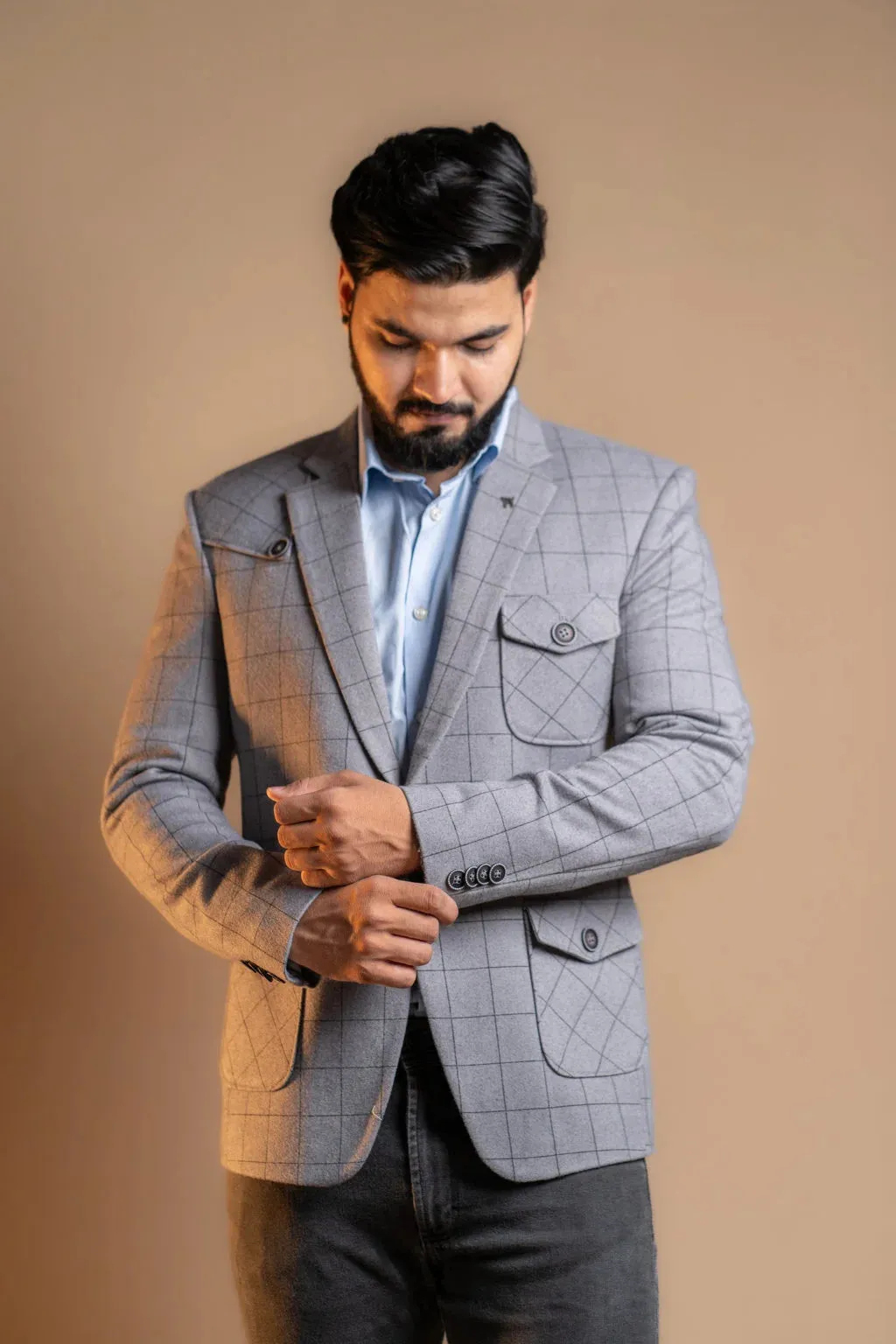 Plain Grey with Checkered Pattern Blazer