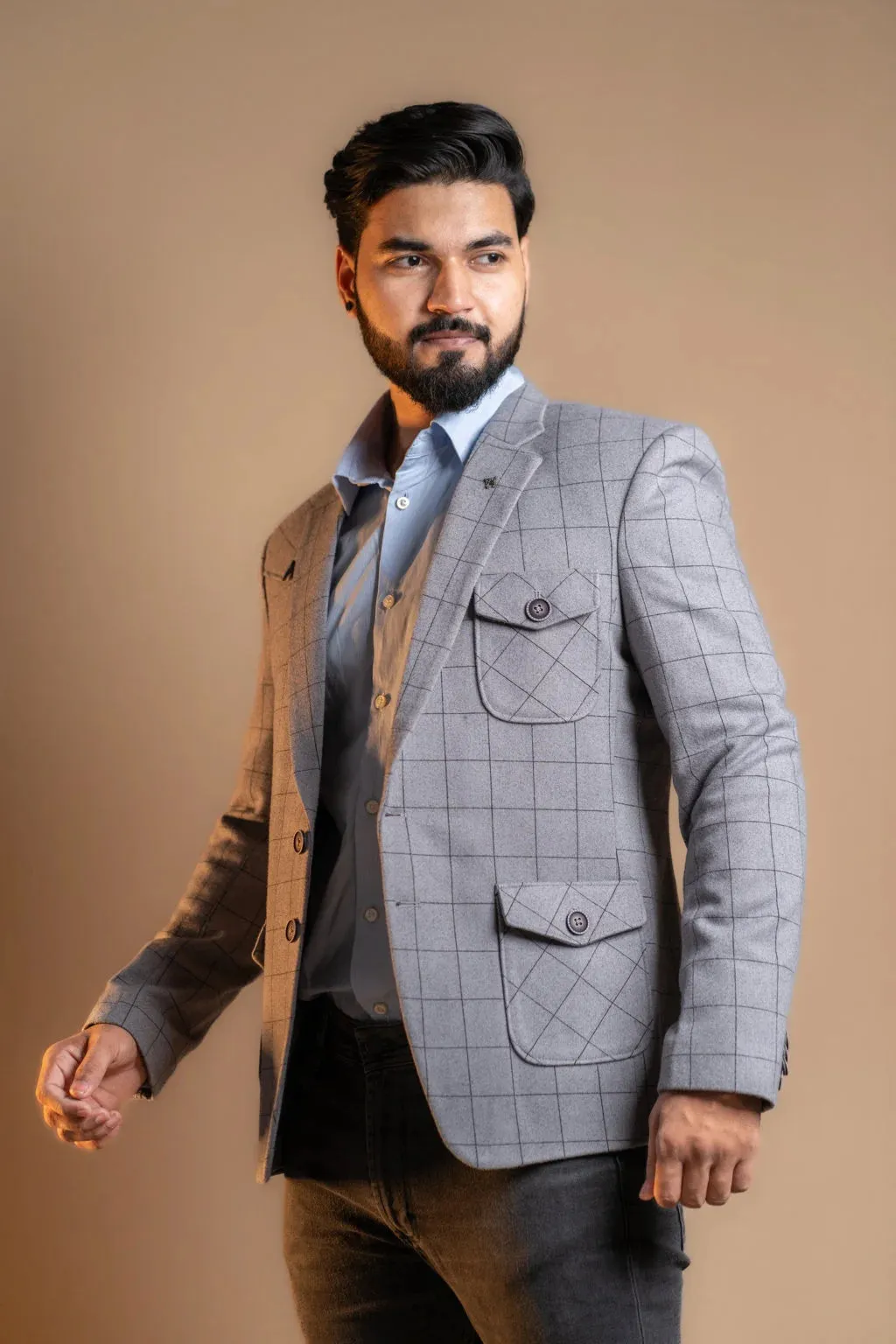 Plain Grey with Checkered Pattern Blazer