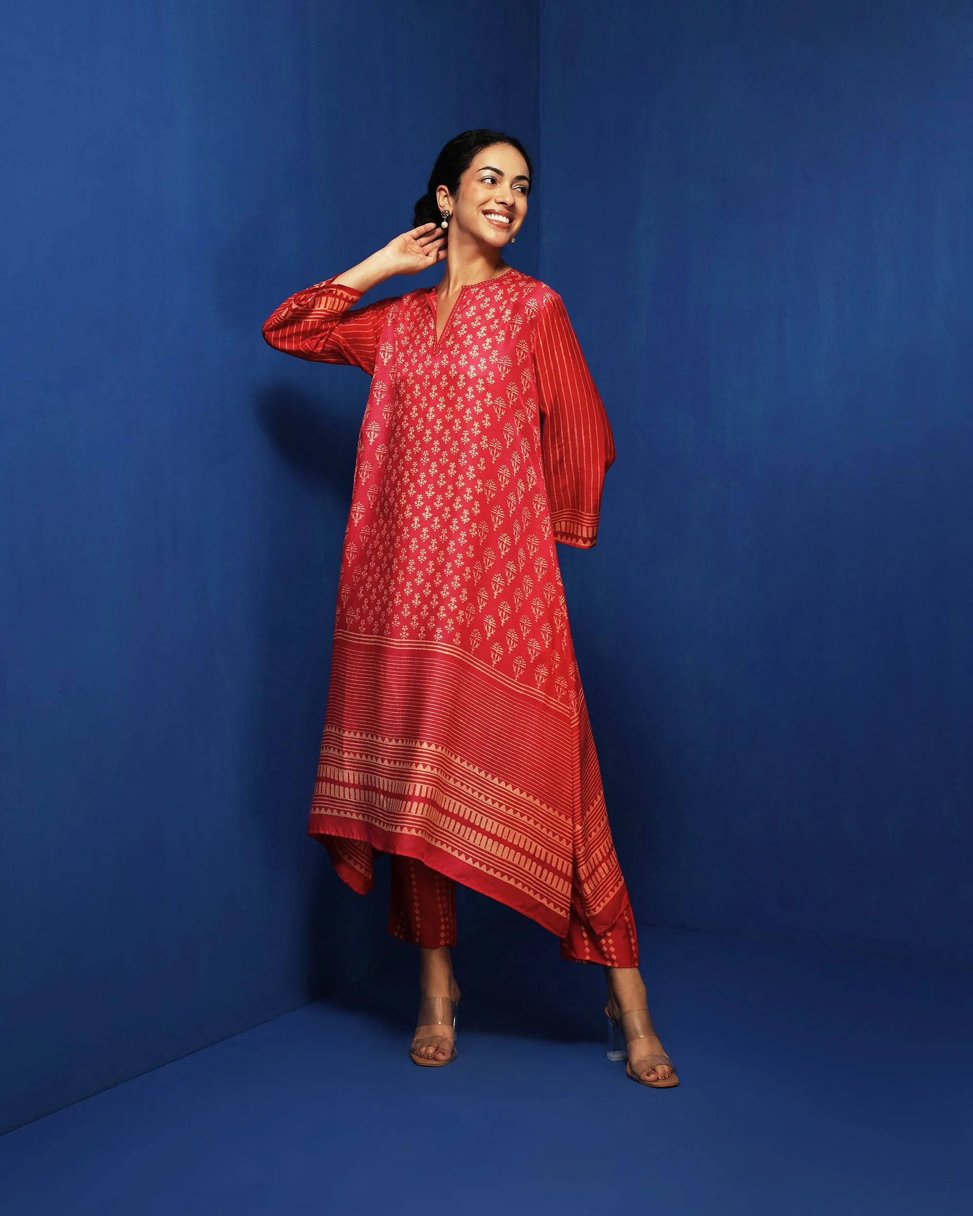Red ombre block printed tunic set