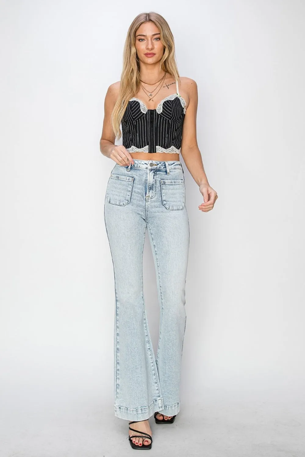 Risen Full Size High Rise Front Patch Pocket Flare Jeans XXS-3XL