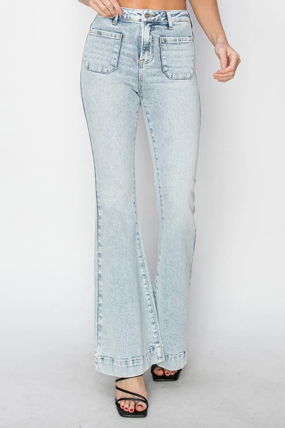 Risen Full Size High Rise Front Patch Pocket Flare Jeans XXS-3XL