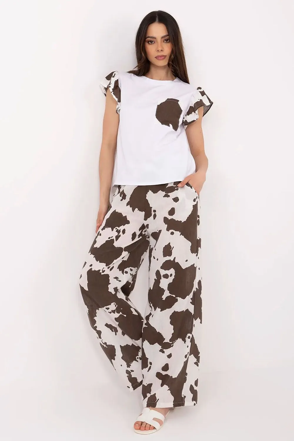 Short ruffled sleeves blouse pants set
