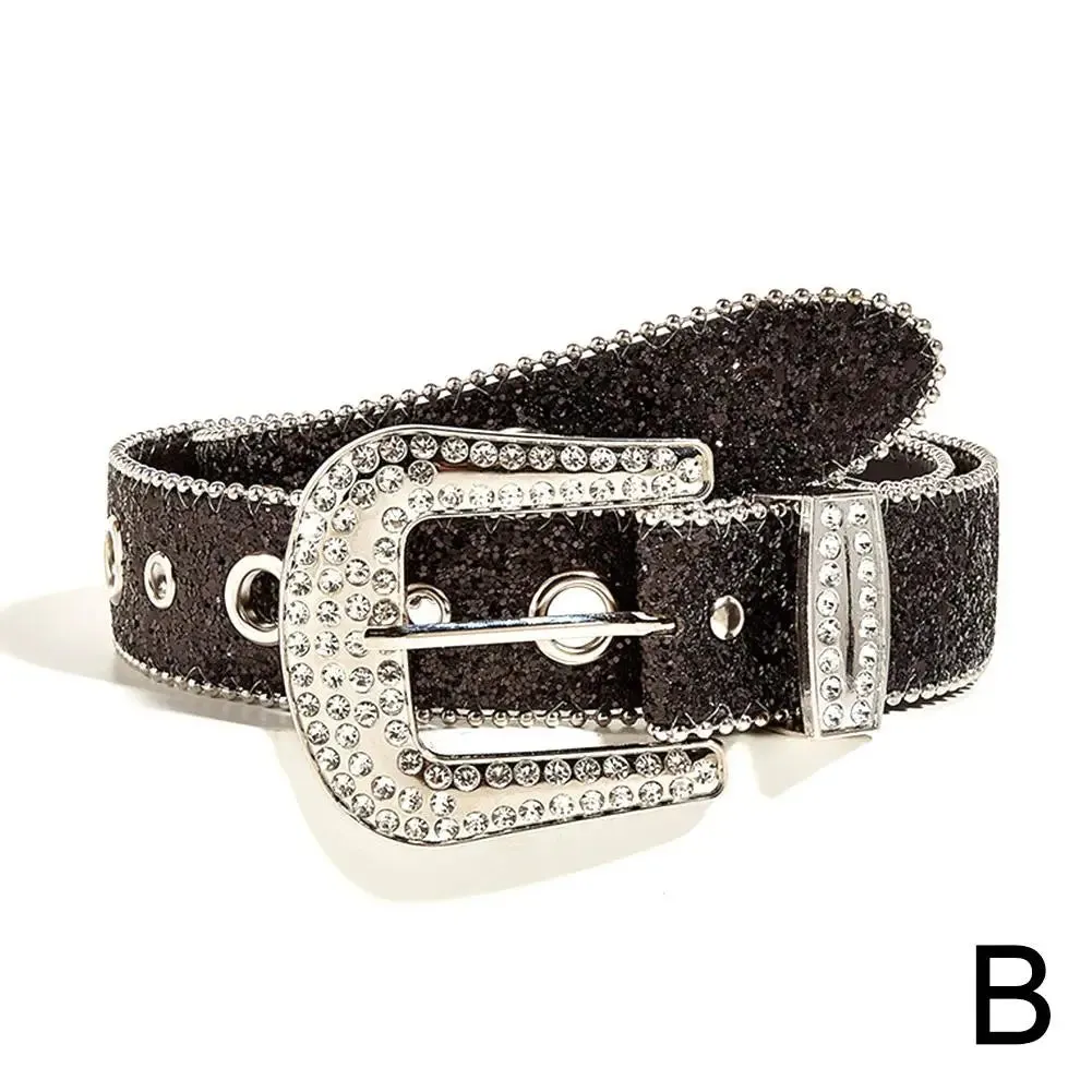 Skull Rivet Rhinestone Belts Trendy Solid Color Sparkling PU Leather Belt Cowboy Cowgirl Jeans Pants Belt For Women Girls
