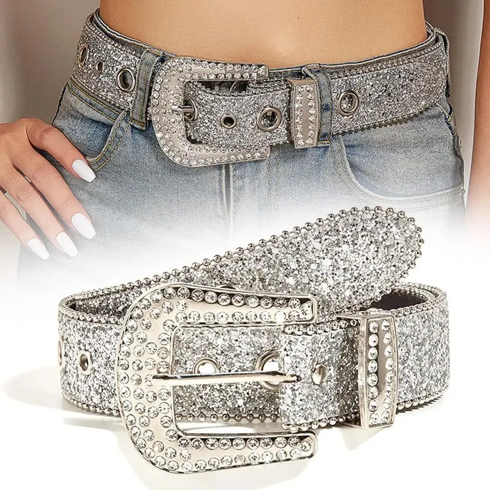 Skull Rivet Rhinestone Belts Trendy Solid Color Sparkling PU Leather Belt Cowboy Cowgirl Jeans Pants Belt For Women Girls