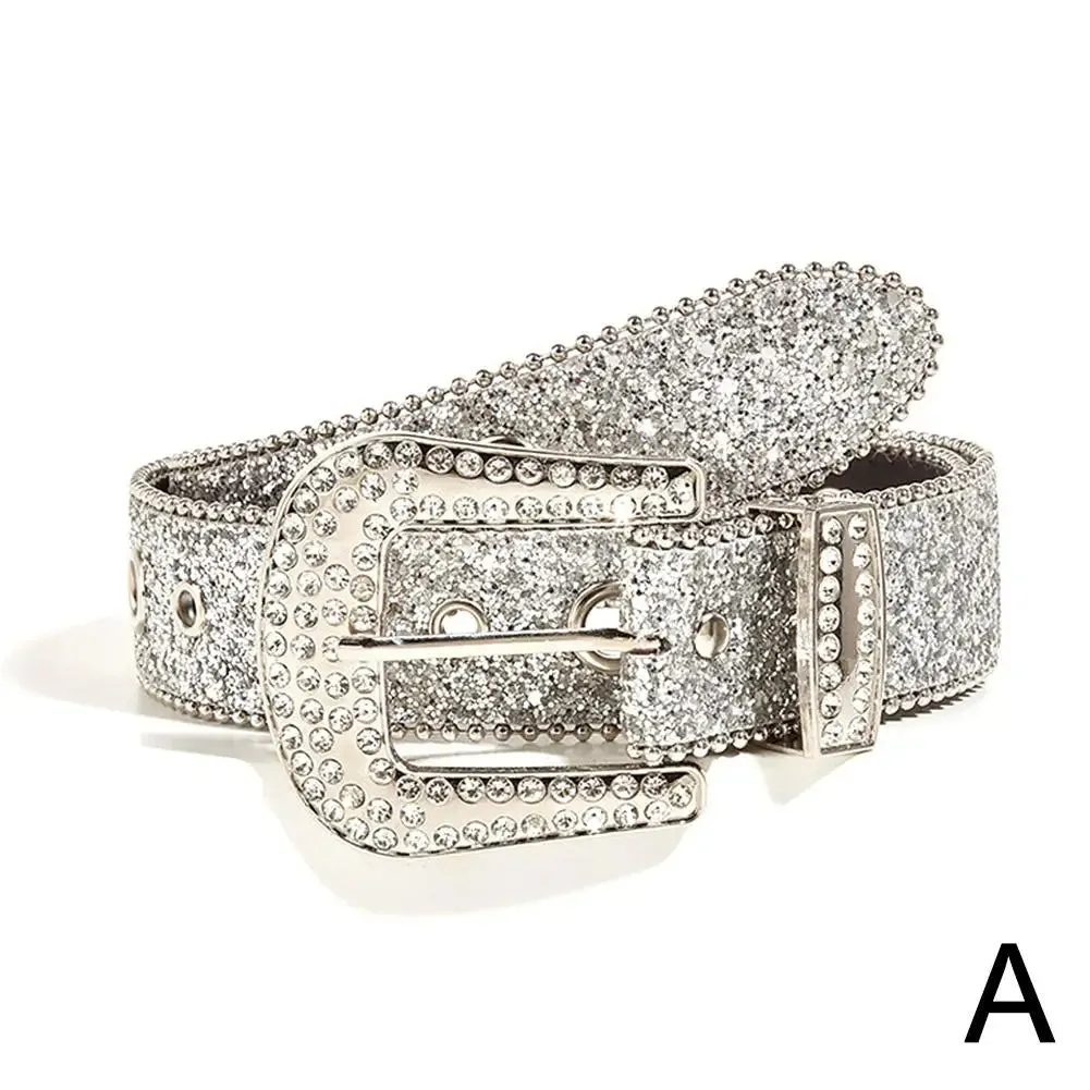 Skull Rivet Rhinestone Belts Trendy Solid Color Sparkling PU Leather Belt Cowboy Cowgirl Jeans Pants Belt For Women Girls