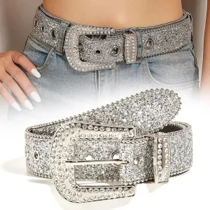 Skull Rivet Rhinestone Belts Trendy Solid Color Sparkling PU Leather Belt Cowboy Cowgirl Jeans Pants Belt For Women Girls