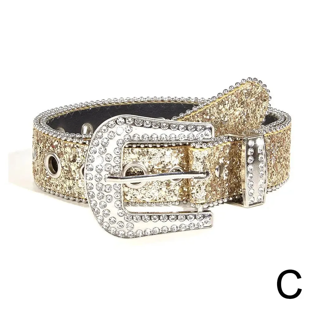 Skull Rivet Rhinestone Belts Trendy Solid Color Sparkling PU Leather Belt Cowboy Cowgirl Jeans Pants Belt For Women Girls