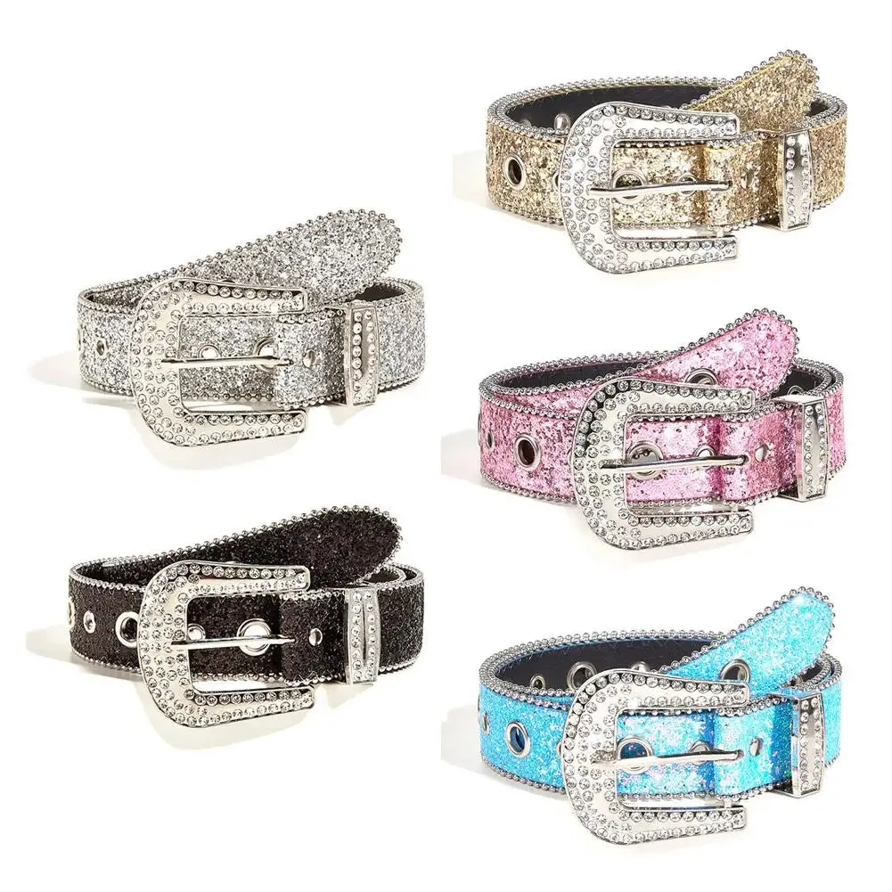 Skull Rivet Rhinestone Belts Trendy Solid Color Sparkling PU Leather Belt Cowboy Cowgirl Jeans Pants Belt For Women Girls
