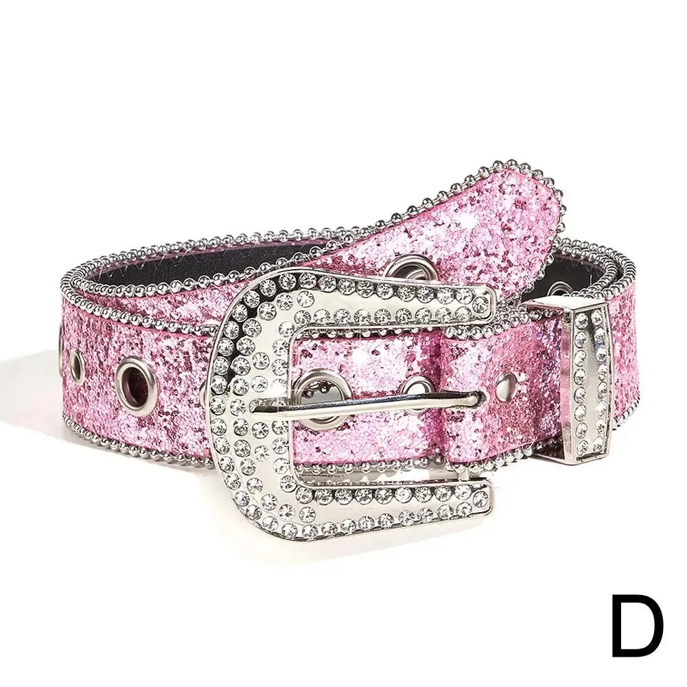 Skull Rivet Rhinestone Belts Trendy Solid Color Sparkling PU Leather Belt Cowboy Cowgirl Jeans Pants Belt For Women Girls