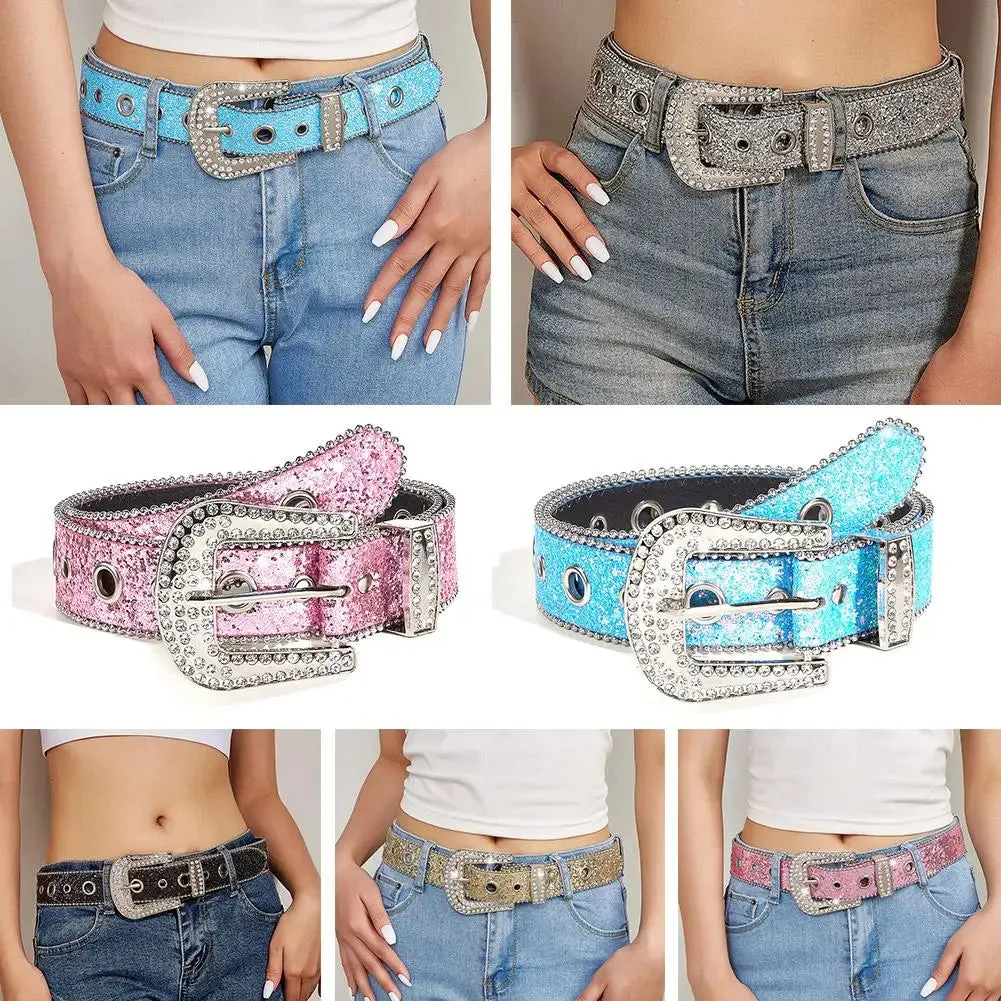 Skull Rivet Rhinestone Belts Trendy Solid Color Sparkling PU Leather Belt Cowboy Cowgirl Jeans Pants Belt For Women Girls