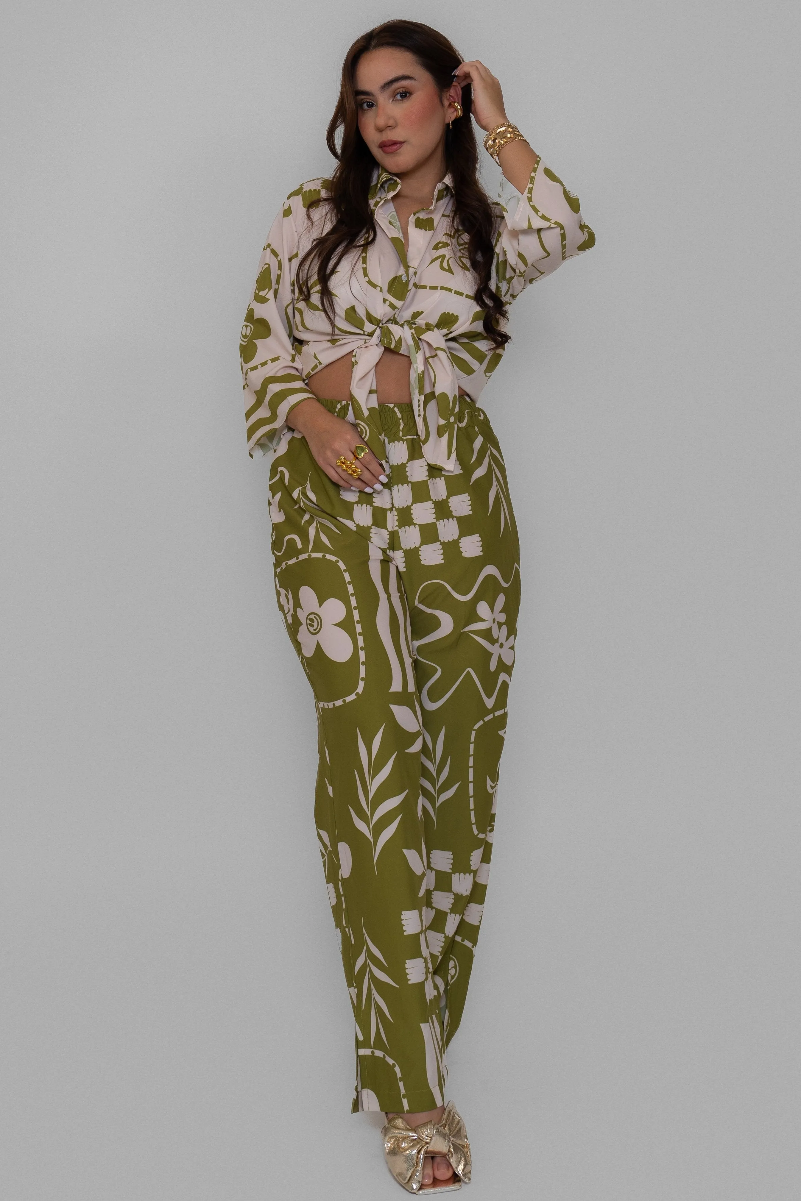 Spring Printed Green Pants Set