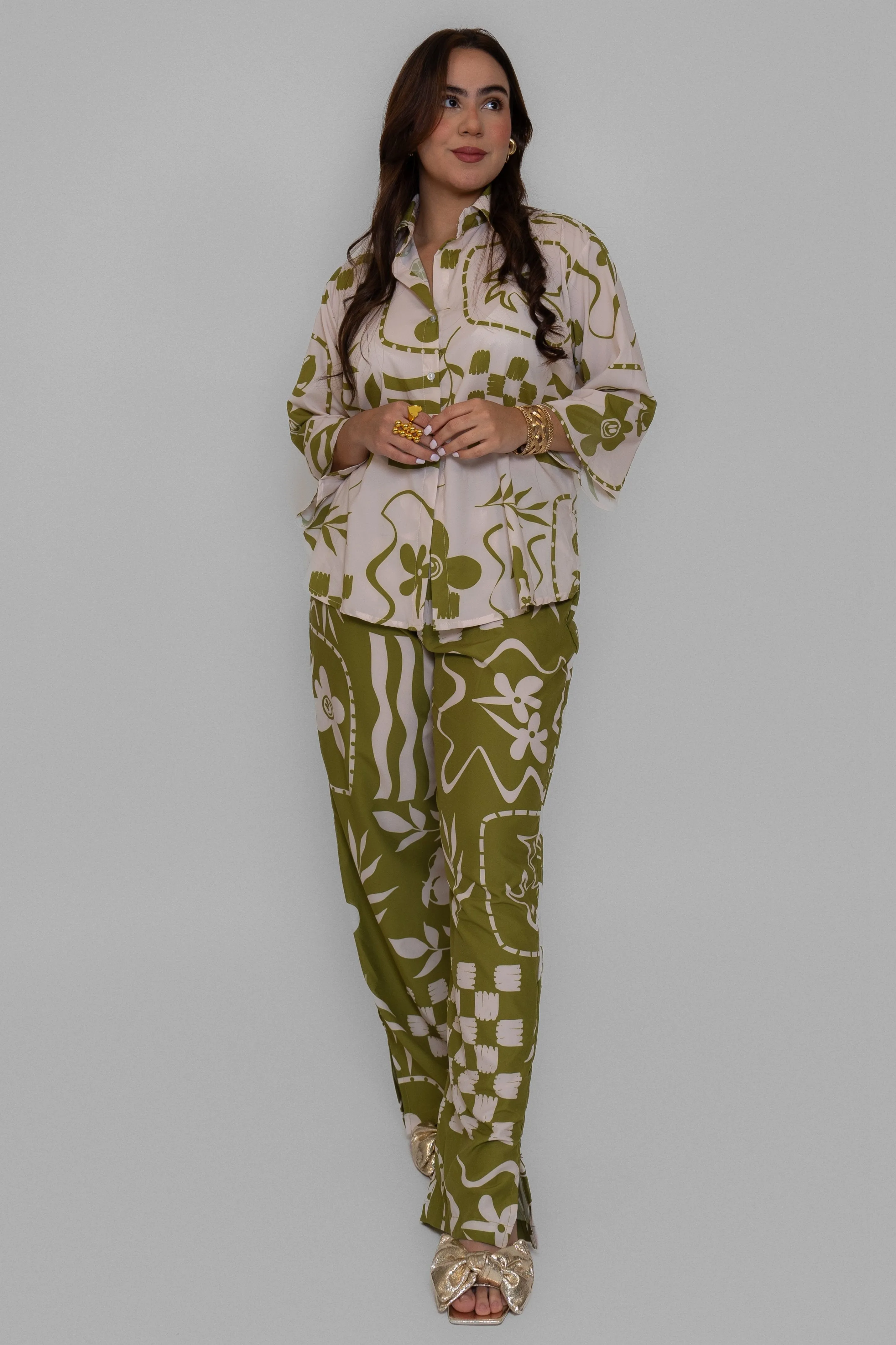 Spring Printed Green Pants Set