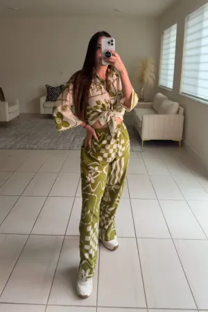 Spring Printed Green Pants Set