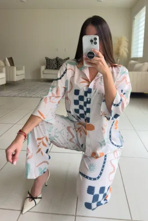 Spring Printed White Pants Set