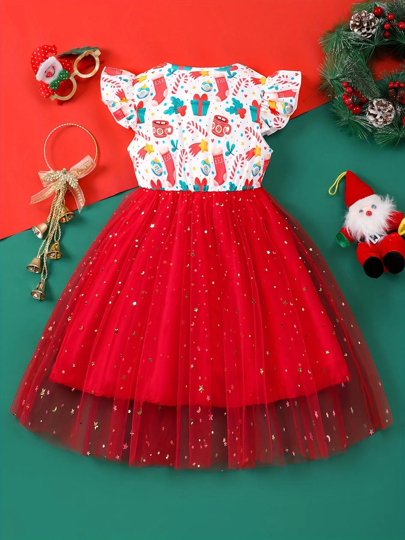 Summer Fun Girls' Flying Sleeve Christmas Printed Mesh Casual Dress