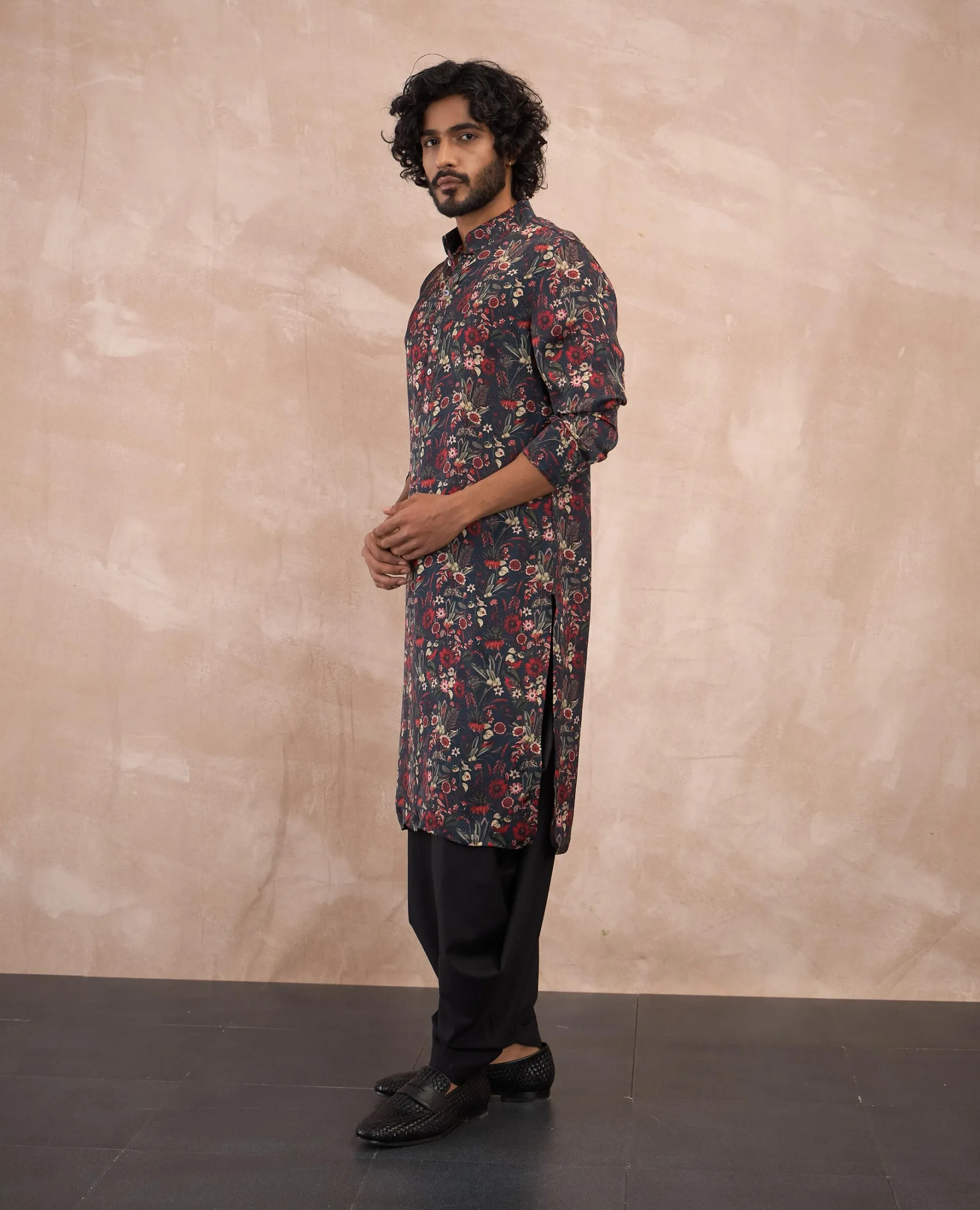 Tropical black kurta and pants