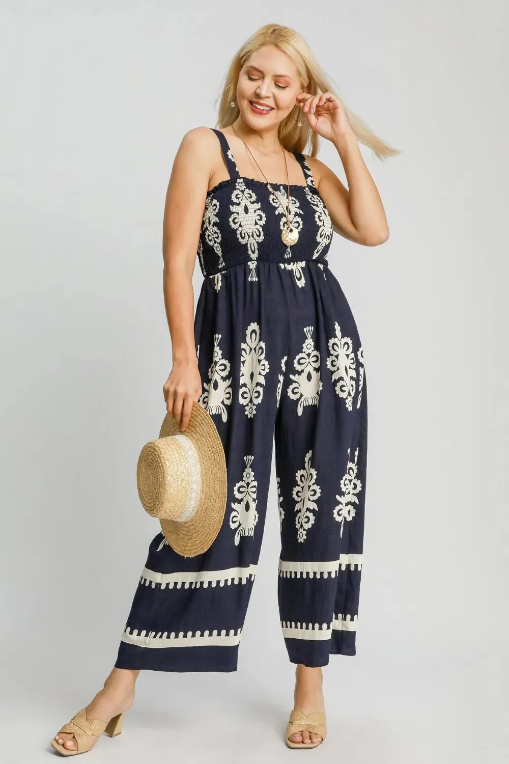 Umgee Smocked Printed Wide Leg Jumpsuit (Plus Size)