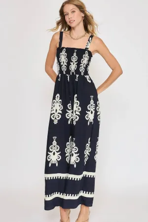 Umgee Smocked Printed Wide Leg Jumpsuit (Plus Size)