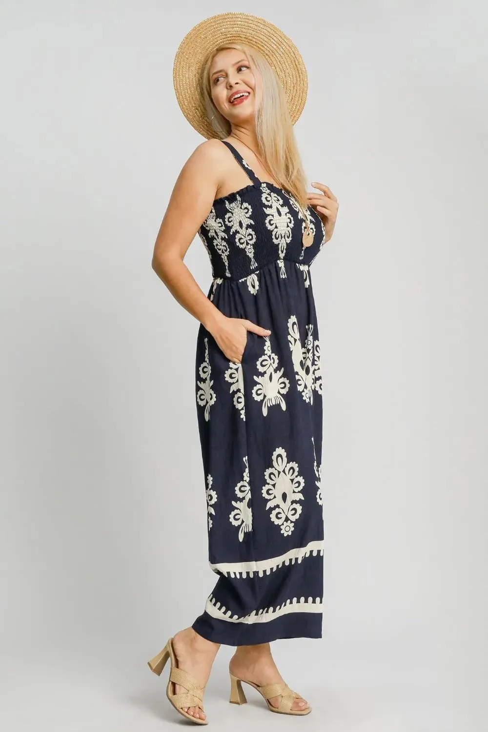 Umgee Smocked Printed Wide Leg Jumpsuit (Plus Size)