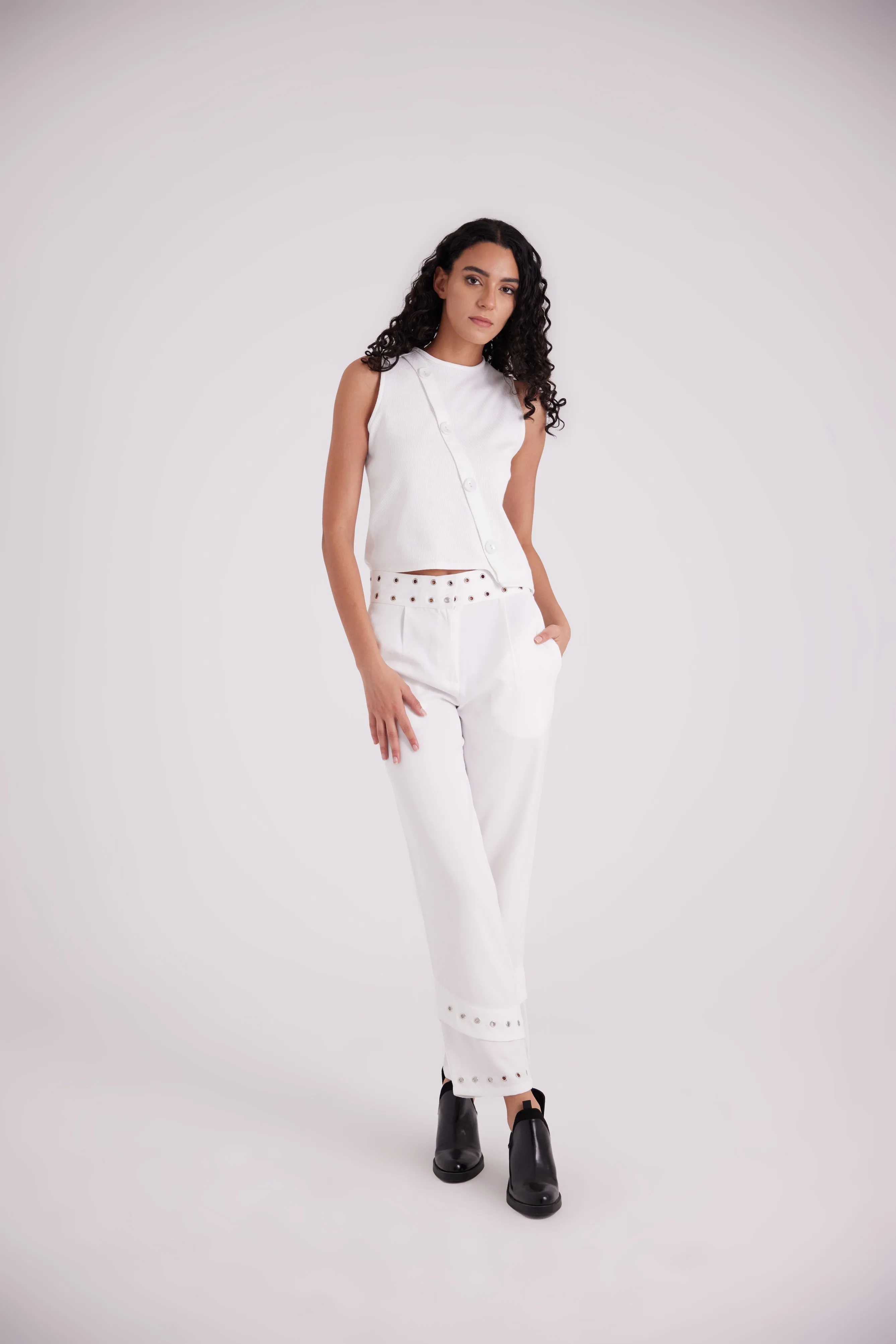 White asymmetric side buttoned cut top