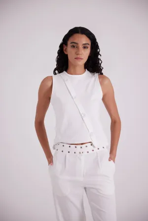 White asymmetric side buttoned cut top