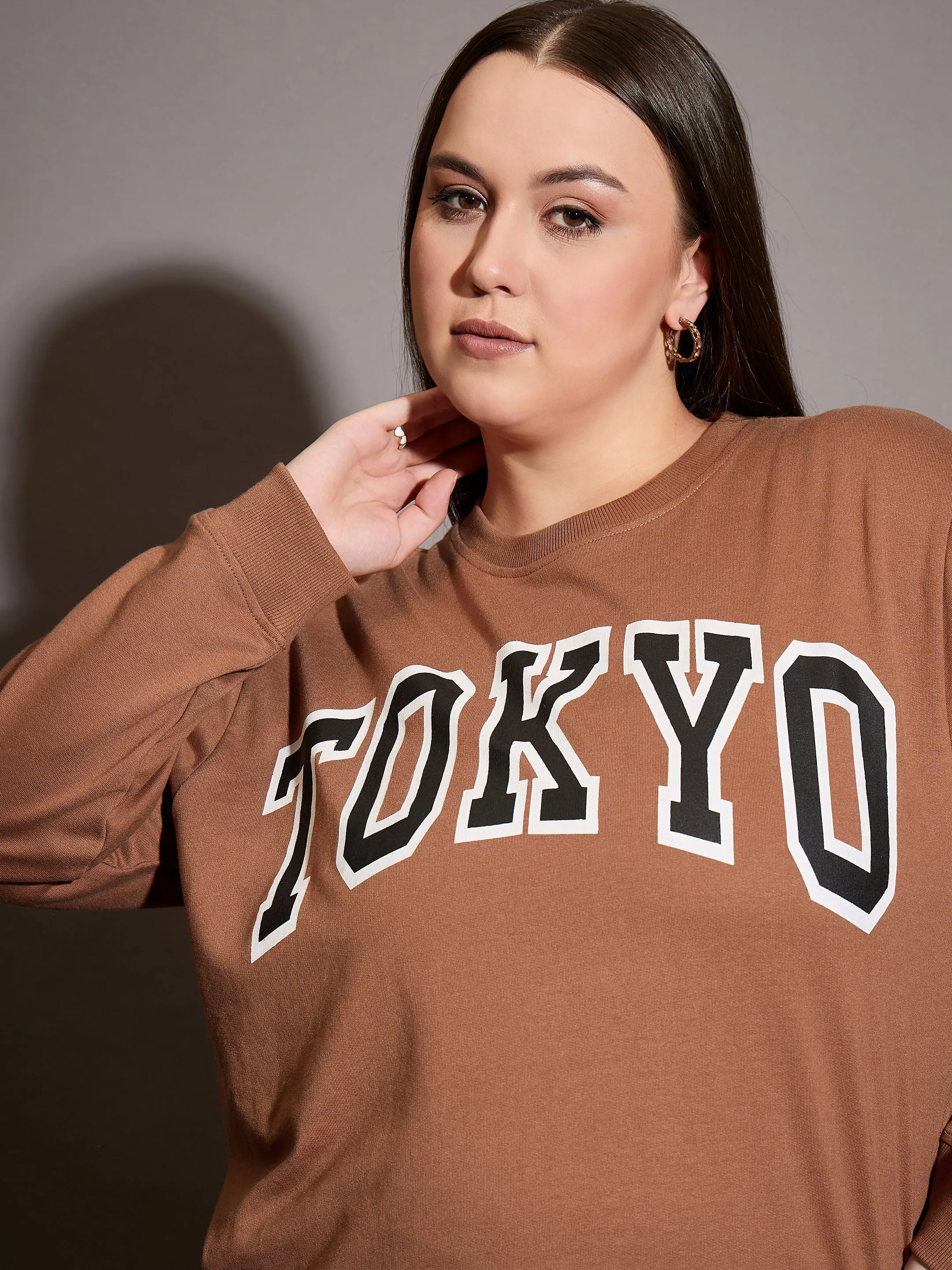 Women Brown Terry TOKYO Printed Sweatshirt with Track Pants