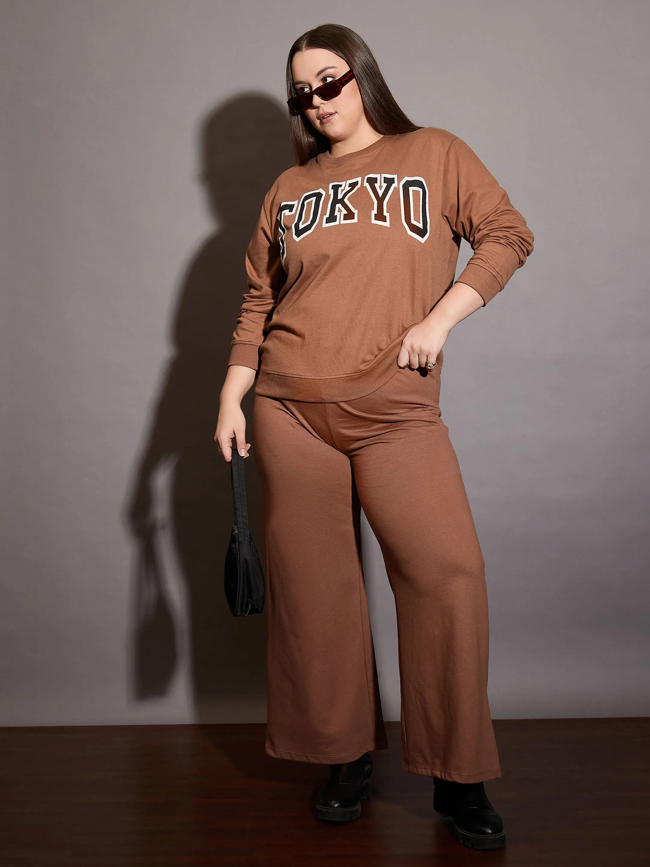 Women Brown Terry TOKYO Printed Sweatshirt with Track Pants